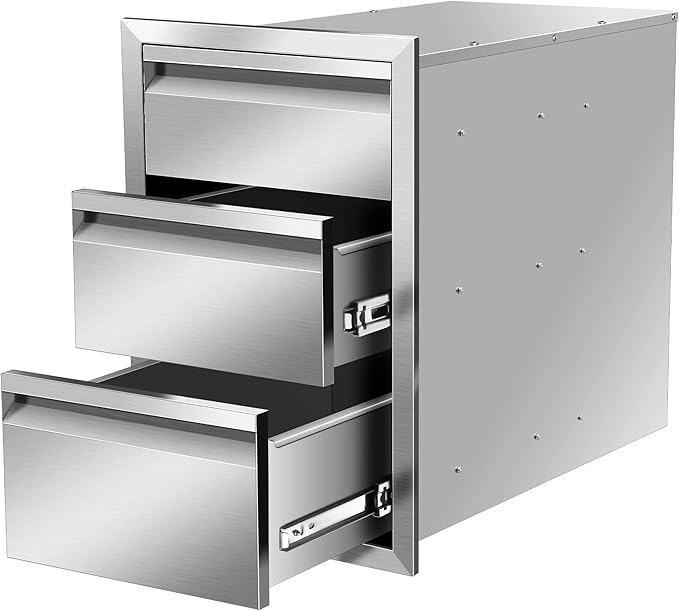 Outdoor Kitchen Drawers Stainless Steel 14W X 21H X 23D Inch, Flush Mount Triple BBQ Island Drawers with Hidden Handle for Outdoor Kitchens, Patio or Grill Station