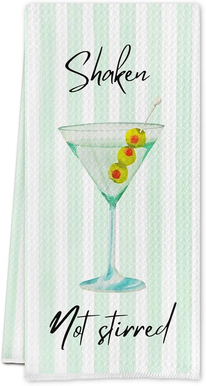 Green Martini Kitchen Towels, Dirty Martini Gifts Dish Tea Towels for Kitchen Bar Cart Decor, Gifts for Cocktail Lovers, Shaken Not Stirred Cocktail Decorative Hand Towel, 16x24 Inch