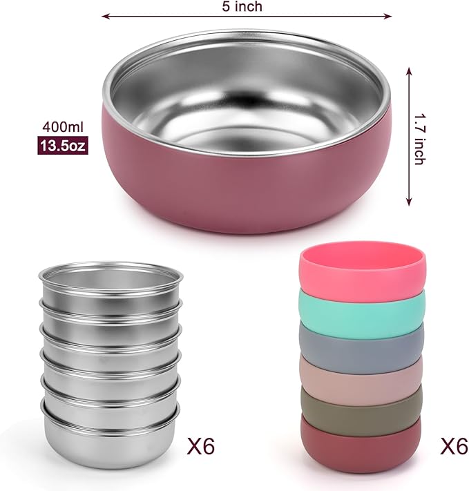 ShineMe Stainless Steel Bowls for Kids, 6 pack Toddler Bowls with Removable Colorful Silicone Sleeve, Unbreakable Baby Bowls for Soup, Cereal, Yogurt, Snacks...