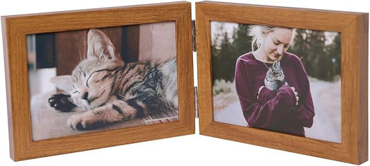 Double Horizontal 4X6 Hinged PS Family Picture Frame Collage For Desktop or Tabletop (Wood Grain 64X2)