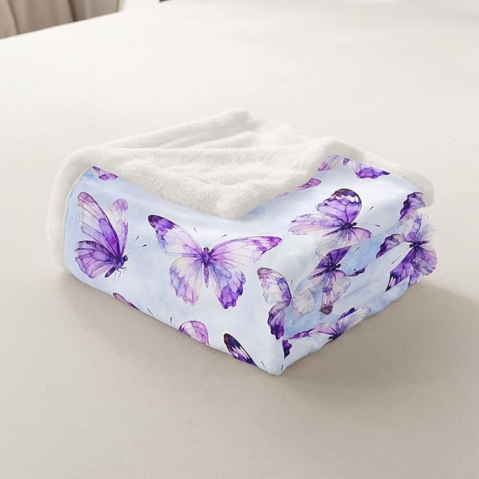 Feelyou Girls Purple Butterfly Fleece Throw Blanket Baby 30"x40" Kids Watercolor Sherpa Blanket Plush Fuzzy for Bed Couch Chair Living Room, Tie Dye Bed Blanket Room Decor