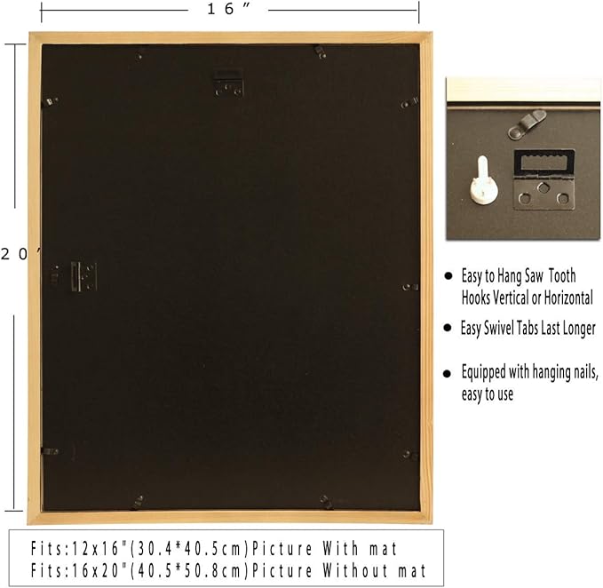 16x20inch Picture Frame Solid Wood Display Pictures 12x16 with Mat or 16x20 Wall Without Mounting Photo Frame Black（1pcs）