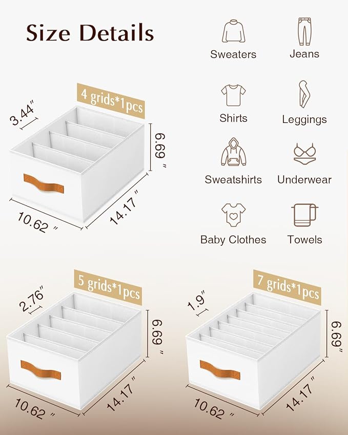 Clothes Organizers and Storage - 4/5/7 Grids Fabric Jeans Organizer with Handles, Foldable Closet Organizers Dividers, Wardrobe organizer for Pant, Sweater, T-shirt, Scarf, 3 Pack, White