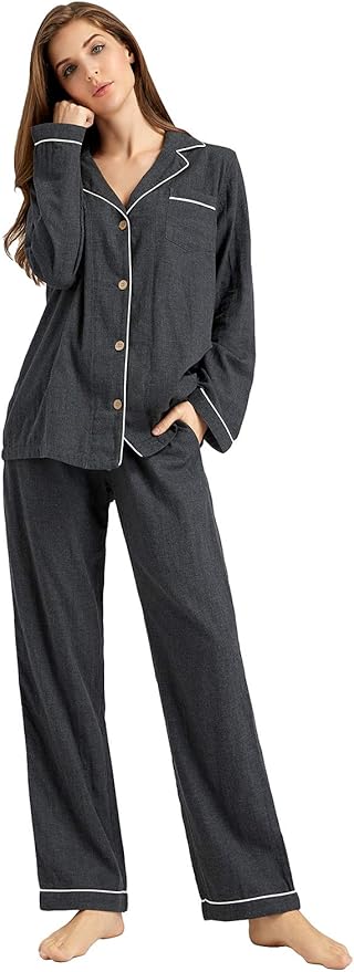 Womens Pajama Sets 100% Double Gauze Cotton Linen Like Muslin Pajamas Long Sleeve Button Down Sleepwear Soft Pjs Lounge Set