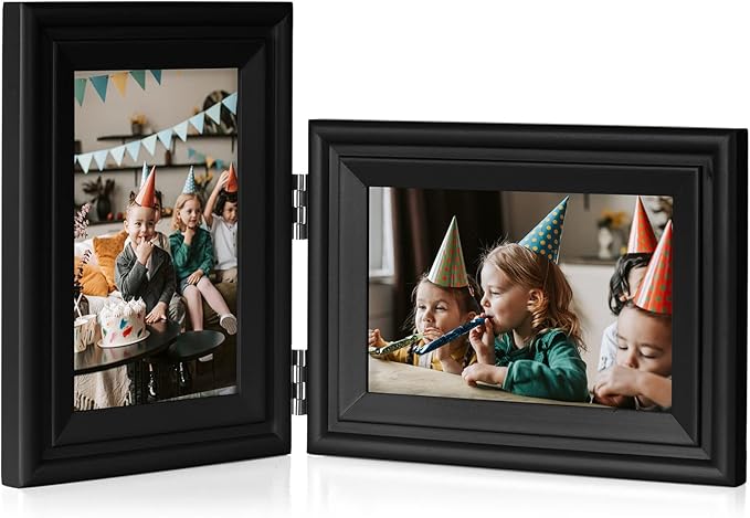 4x6 Double Hinged Picture Frame Folding Photo Frame Vertical and Horizontal in Black Pine Wood with Real Glass for Tabletop X2-HEI-SH46