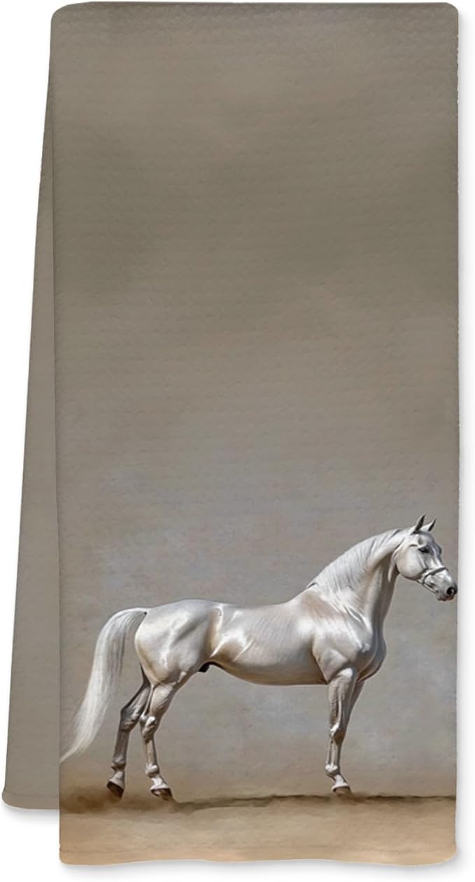 Horse Kitchen Towels, Horse Lover Gifts Decorative Dish Tea Towels for Kitchen, Neutral White Horses Hand Towel for Bathroom Decor, 16x24 Inch