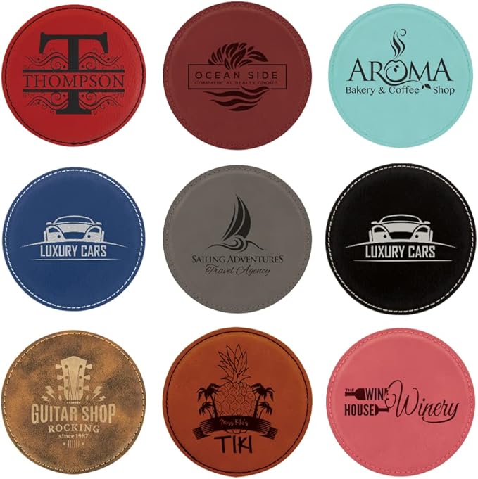 Custom Engraved Coasters | Personalized Leather Coaster | Set of 6 | Drink Coasters with Holder | Laser Engraved | Tabletop Protection | Gift for Couples (Round 4", Gray w/Black)