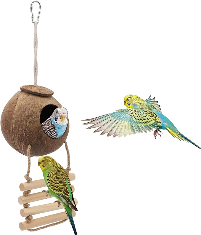 Hypeety Pet Bird Breeding Nest Natural Coconut Bird Hideout Hut for Cage | Natural coconut shell, for sleeping/breeding, easy to hang, for parakeets/cockatiels/finches/hamster, with wooden ladder/hook