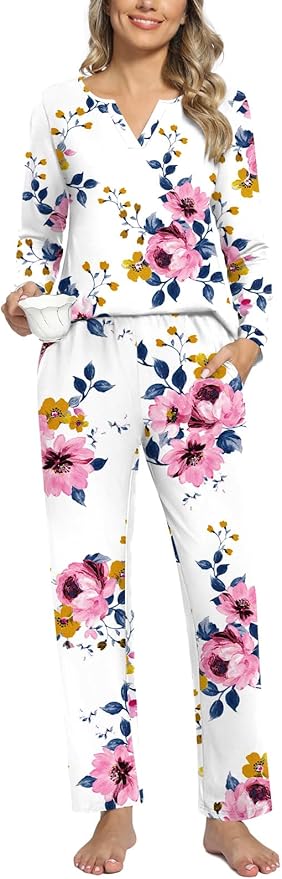 Anyally Women's Plus Size Pajama Sets Ladies Fall Pjs 2 Pieces Lounge Outfits V Neck Long Sleeves Sleepwear with Pockets