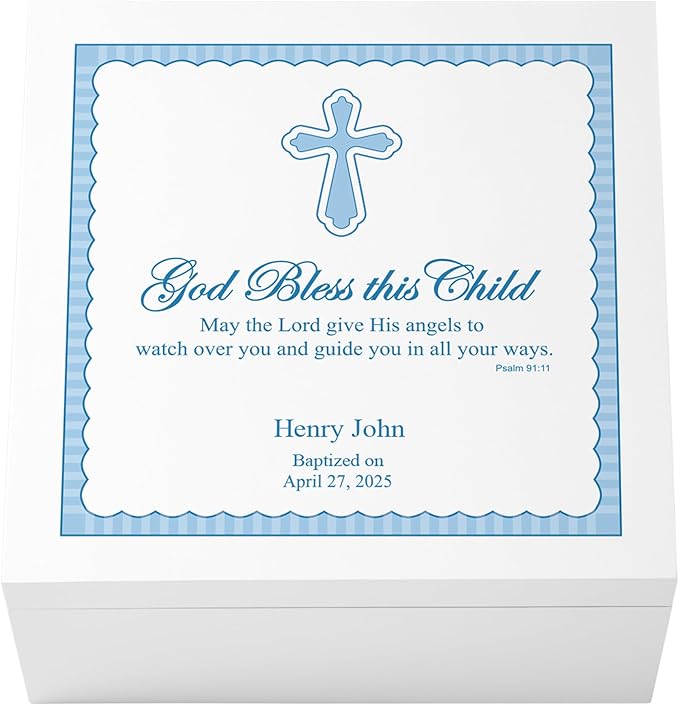Let's Make Memories Personalized Keepsake Box for Blessed Child - Memories Box - Baptism - Confirmation - For Boys (Blue) - 6" Hx12 Sq