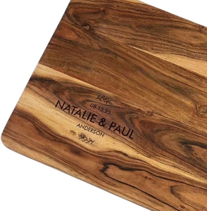 Engraved Couple's Names with Leaves Acacia Personalized Cutting Board