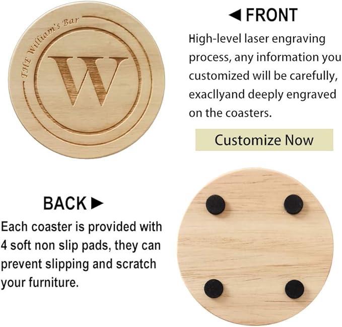 Personalized Wooden Coasters, Custom Engraved Monogram Coasters, Great Gifts for Relatives, Friends or Yourself (Set of 6)