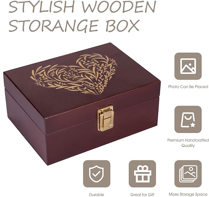 Small Wooden Memory Keepsake Boxes With Hinged Lids and a photo frame inside the lid - Decorative Storage Box With a Hinge Lids For Picture Letter Time Capsule - Wooden Gift Boxes，3.1“*5.1”*7.1“
