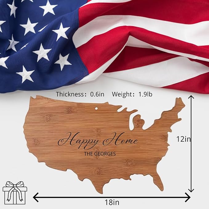 Personalized state-shaped and named date platters, carved wooden cutting boards, custom cheese boards as Mother's Day, wedding, housewarming gifts (Nan bamboo American shape 18x12x0.6in)