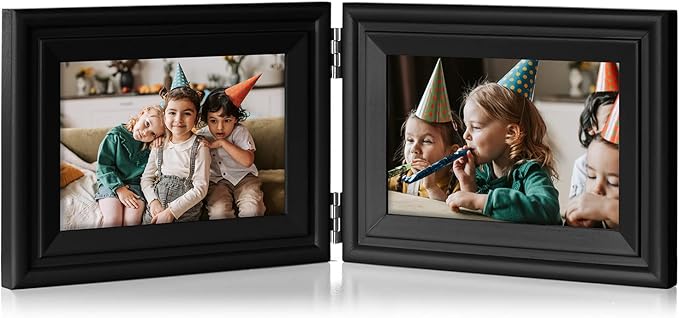 4x6 Double Horizontal Hinged Picture Frame Folding Photo Frame in Black Pine Wood with Real Glass for Tabletop X2-HEI-2H46