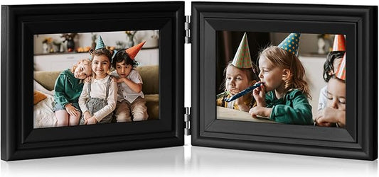 4x6 Double Horizontal Hinged Picture Frame Folding Photo Frame in Black Pine Wood with Real Glass for Tabletop X2-HEI-2H46