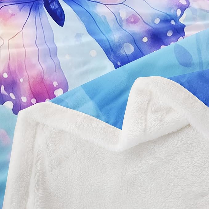 Feelyou Blue Butterfly Fleece Throw Blanket Throw 50"x60" Kids Girls Sherpa Blanket Plush Fuzzy for Bed Couch Chair Living Room, Watercolor Floral Bed Blanket Chic Room Decor