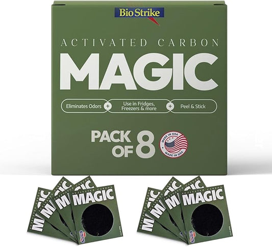 BioStrike Odor Magic - Activated Charcoal Odor Absorber Pads - Kitchen Odor Remover - Easy Peel & Stick Design - All Natural Filters for Trash Cans, Fridges & Small Spaces - Made in USA (8 Pack)
