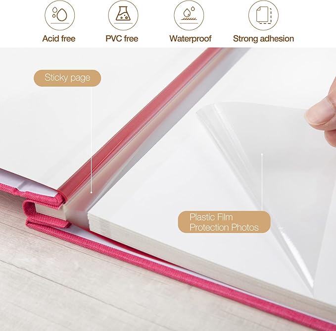 potricher Large Photo Album Self Adhesive 3x5 4x6 5x7 8x10 10x12 Pictures Linen Cover 80 Blank Pages Magnetic DIY Scrapbook Album with A Metallic Pen (Rose Red, 13.2x12.8 inches 80 Pages)