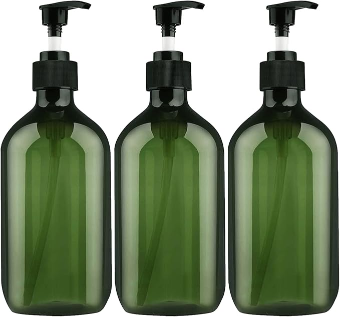 Empty Plastic Bottles with Pump Dispenser and 6pcs Labels Included, Refillable Travel Containers for Hand sanitizer Shampoo Lotion, etc - No BPA/Paraben, 500ml/16.9oz (3 Pack(Green))