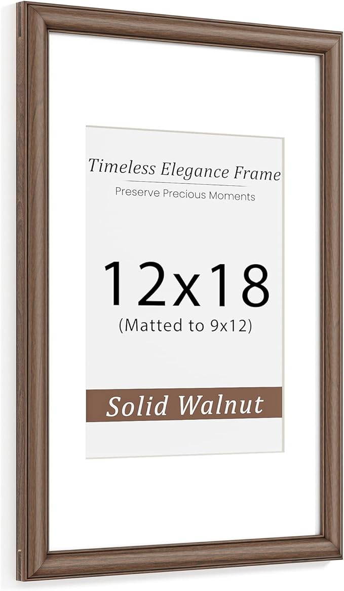 Natural Walnut 12x18 Picture Frames Mat to 9x12 Picture Display,Original Wood Handcrafted Certificate Frame,Wooden Frame 12x18 with Tempered Glass Graduation Family Wedding Photo Wall Mounted