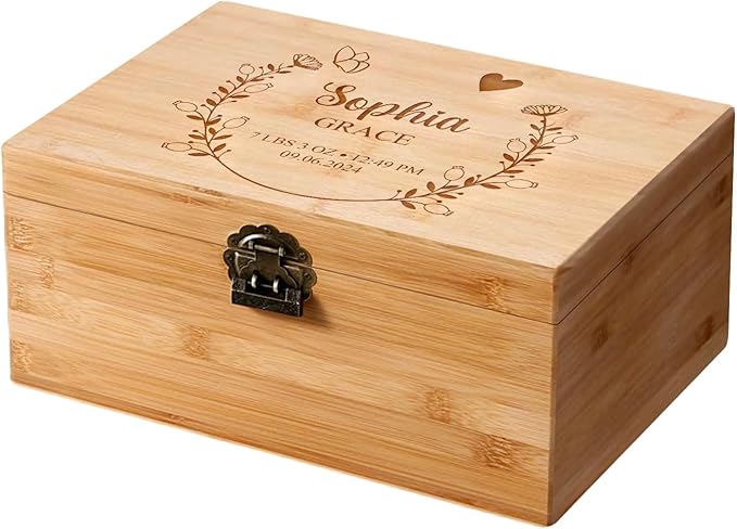 Large Personalized Baby Keepsake Box, Bamboo 13.8x10x7.1 inches Memory Box for Keepsakes Custom Engraved Wooden Newborn Gift Box with Lid, Baby Shower Gifts for Boys Girls Keepsake Chest