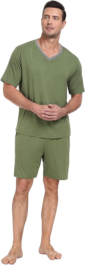 PrinStory Men's Pajama Set Sleepwear Pjs Lightweight Quick Dry Short Sleeve V-Neck Shirts and Shorts Soft Comfy Sleep Sets