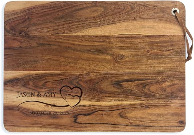 Personalized Acacia Wood Charcuterie Cutting Board, Custom Engraved with Couple’s Names and Heart Design, Present For Wedding or Anniversary