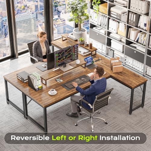 PRAISUN 61" L Shaped Computer Desk, Outlets, Monitor Stand, Rustic Brown