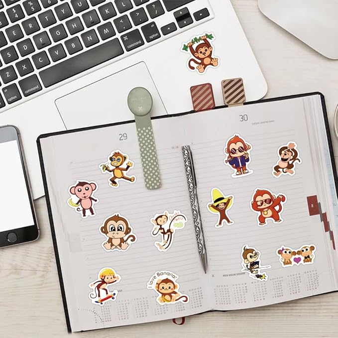 60Pcs Cute Monkey Stickers for Kids Teens Adults, Vinyl Cartoon Animals Decals Kawaii Sticker for Decor Water Bottles Laptops Guitar Scrapbook (Monkey)