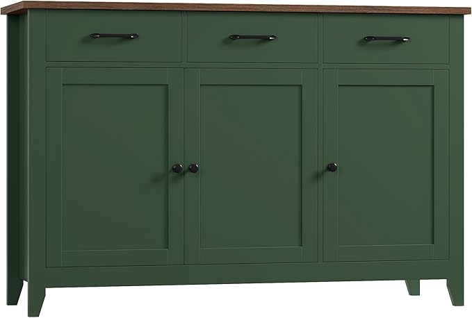 HORSTORS 47" Buffet Cabinet with Storage, Kitchen Buffet Table with Drawers, Modern Farmhouse Coffee Bar Storage Cabinet with Adjustable Shelf, Wood Sideboard for Dining Room, Kitchen, Entryway, Green