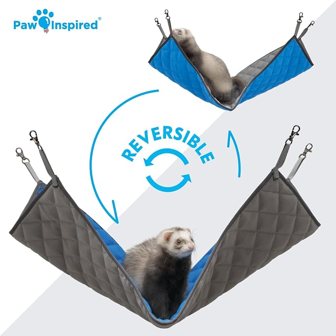 Paw Inspired Hanging Fleece Hammock for Small Animals, Gray/Blue | Hammock with Swivel Clips for Pet Cage for Ferrets, Rats, Chinchillas, Sugar Gliders, Hideout Toy for Guinea Pigs, Hamsters
