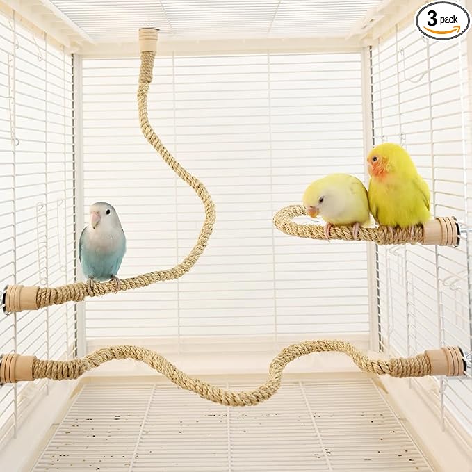 3 Pack Natural Sisal Rope Bird Perch Set, Bendable Parrot Climbing Rope Perch with Wooden Ends (15.7"/23.6"/31.5"), Flexible Bird Stand Toy for Lovebirds, Cockatiels, Conures, Budgies, Finches