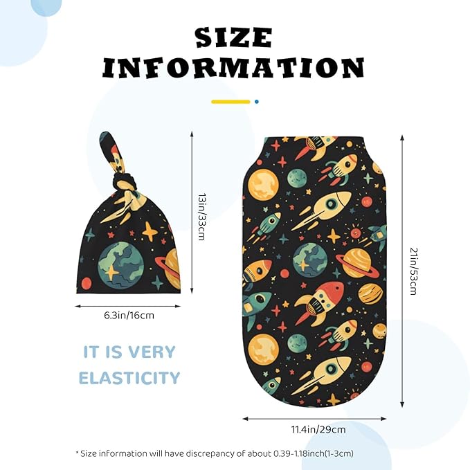 Newborn Swaddle Blankets and Hat Set Soft Cotton Baby Swaddle Wrap Warm Infant Receiving Blanket Space-8