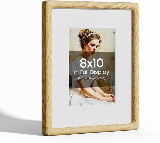 8x10 Picture Frame Natural Oak Wood From California-USA with Real Tempered Glass, Handcrafted 8 x 10 Photo Frame Matted to 5x7 Wedding Photo,Family Picture,Graduation Picture Display on Table & Wall