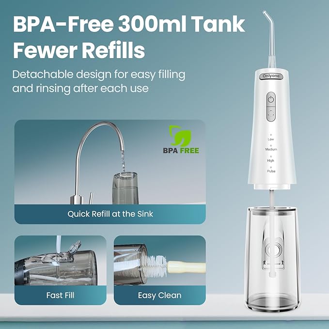 Onlyone Rechargeable Cordless Water Flosser with Adjustable Water Pressure for Daily Oral Care, Power Dental Flosser for Home and Travel Use, Portable Oral Irrigator for Sensitive Gums and Braces Care