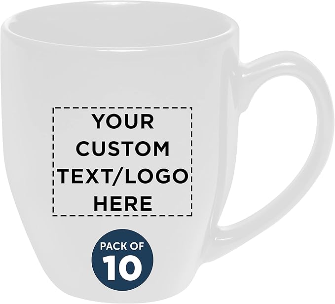 Custom Large Coffee Cups 16 oz. Set of 10, Personalized Bulk Pack - Perfect for Tea, Espresso, Cappuccino, Hot Cocoa - White
