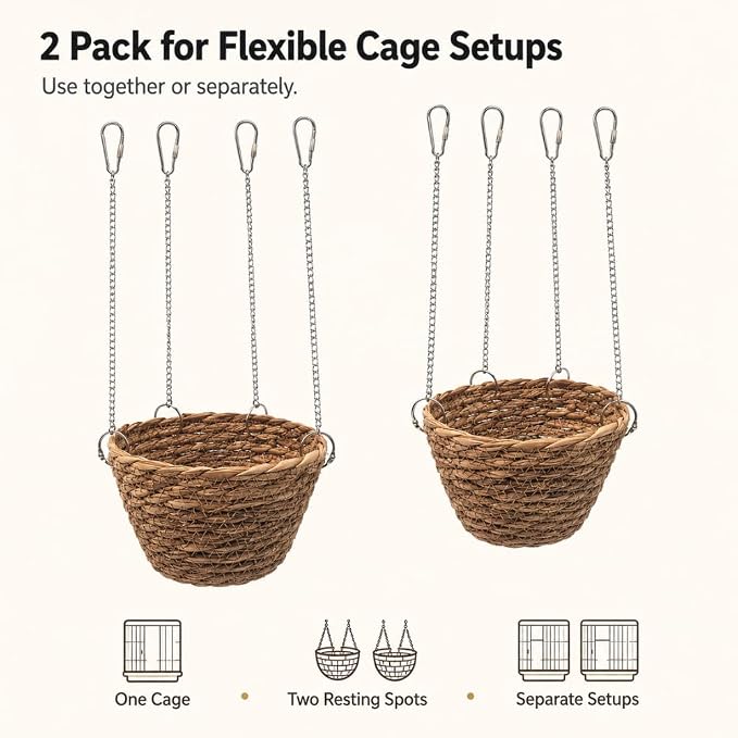 2 Pack Rat Hammock for Cage, Natural Grass Woven Hanging Basket Beds with Adjustable Chains, Pet Rat Cage Accessories for Resting, Perching and Enrichment, 6.3 in