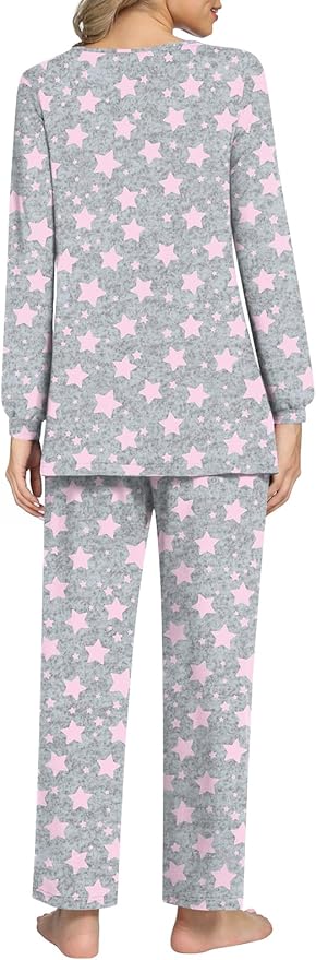 Anyally Women's Plus Size Pajama Sets Ladies Fall Pjs 2 Pieces Lounge Outfits V Neck Long Sleeves Sleepwear with Pockets