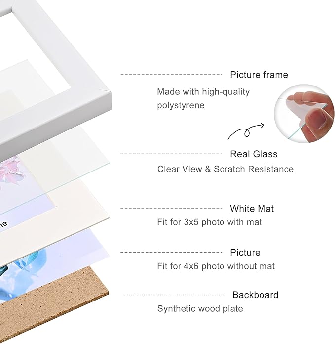 Double Hinged 4X6 Picture Frame with Real Glass-Tabletop or Wall Mounted, Display for 3X5 & 4X6 Photos (with/without Mat)-Matte White, For Family Photos & Wedding Memories-B46X2