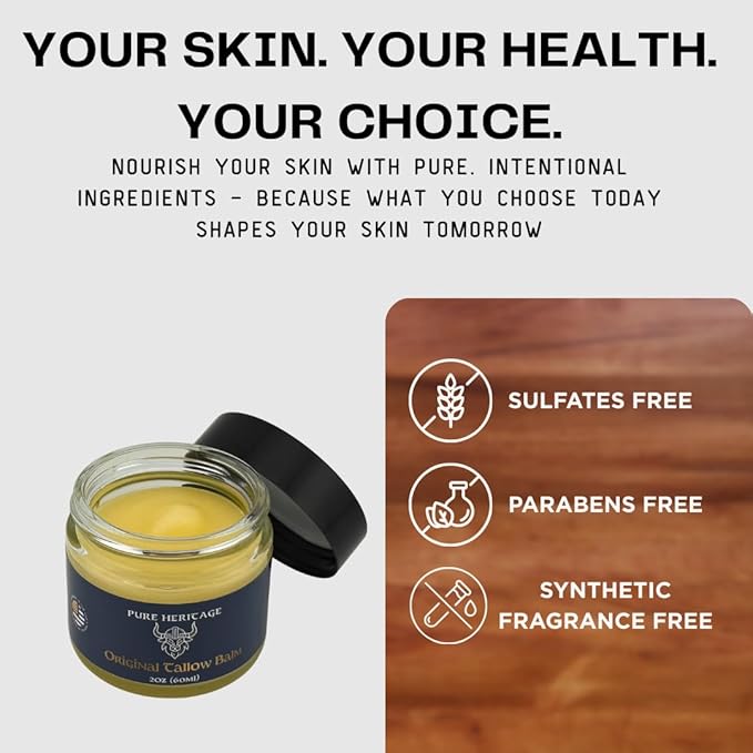 Pure Heritage Handmade Tallow Balm – Grass-Fed & Finished Moisturizer & Healing Cream with Frankincense & Cedarwood | Natural Care for Sensitive Skin, Eczema, Rosacea, Babies, Men & Women (4oz)