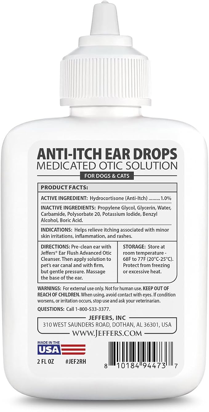 Jeffers Anti-Itch Ear Drops for Dogs & Cats, 2 fl oz -1% Hydrocortisone Otic Solution, Soothes Itchy Ears, Supports Ear Comfort & Hygiene, Clean & Refreshes, Safe for Puppies, Kittens, Adult Pet