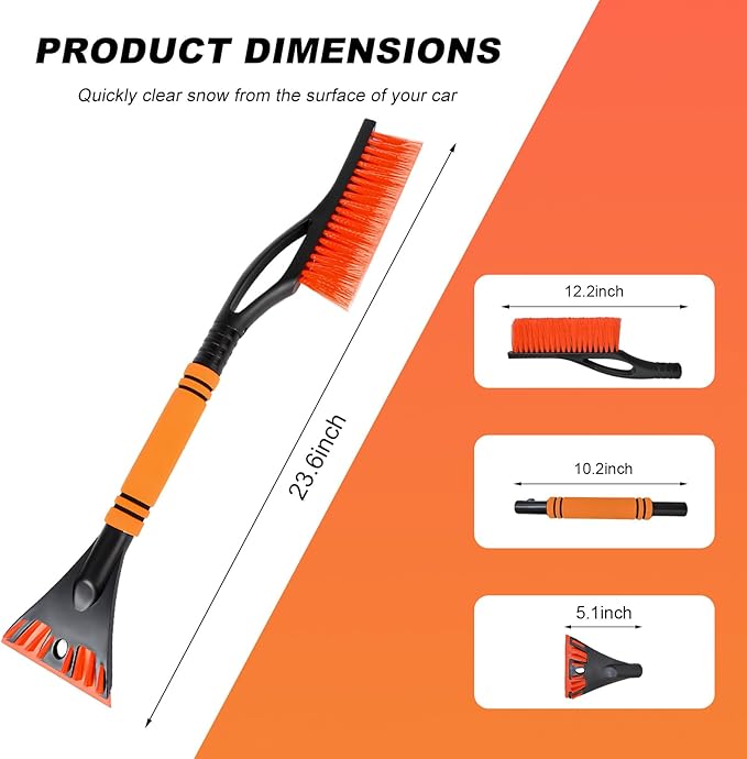 Snow Brush and Ice Scraper for Car Windshield, 23.6" Scratch Free Auto Scraper Soft Bristle Brush with Ergonomic Grip, Detachable Winter Snow Removal Tool for Cars Trucks SUVs (Orange)