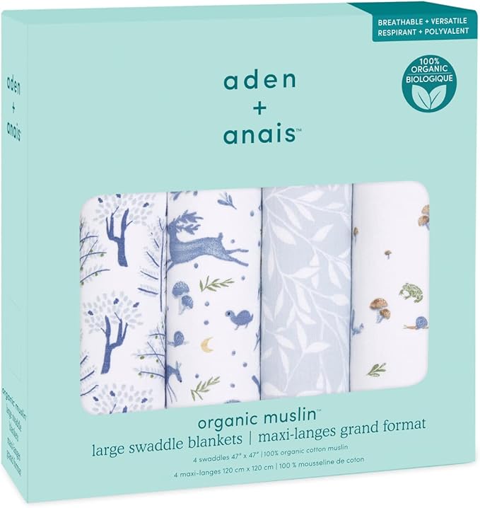 aden + anais Swaddle Blanket, 100% Organic Cotton Muslin Blankets for Girls & Boys, Baby Receiving Swaddles, Ideal Newborn & Infant Swaddling Set, 4 Pack, Outdoors
