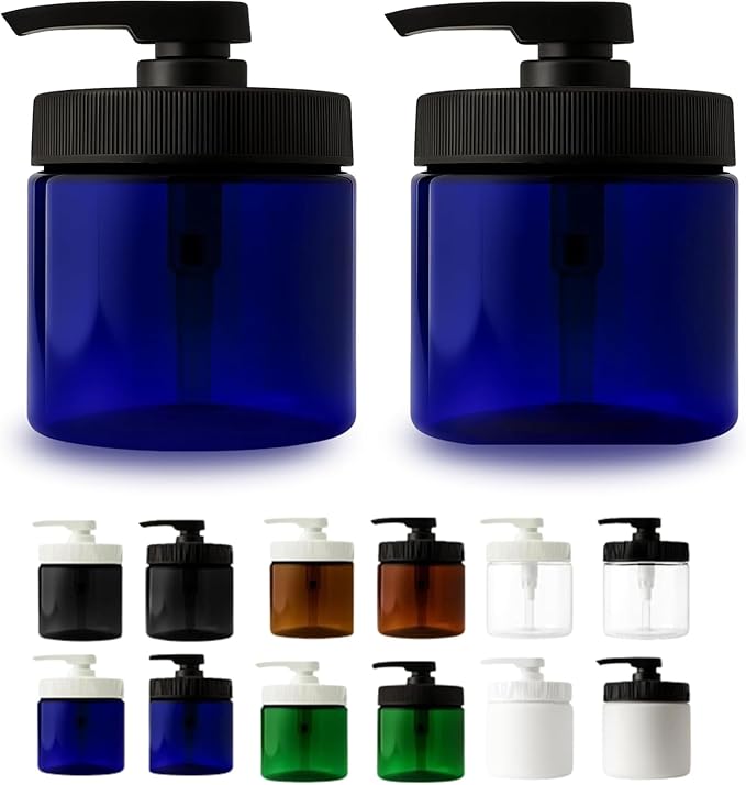 Royal Massage 16oz Refillable Pump Jar with Locking Dip Tube Dispenser – BPA-Free Plastic Container for Massage Oils, Lotions, Creams – Ribbed Lid Wide-Mouth Jar – Durable & Reusable (Blue/Black, 2)