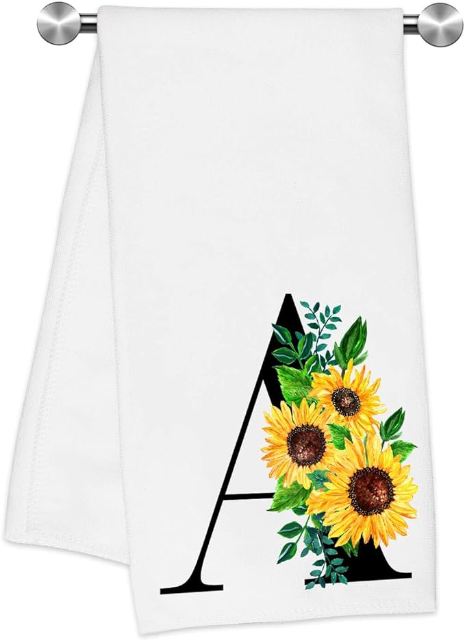 Monogrammed Sunflower Hand Towels,Ini-tial A Tea Towel Letter Kitchen Towels,Sunflower Gifts for Women,Monogram Dish Towel 17x23 Inch,Kitchen Bathroom Decorative Ini-tial Gifts for Mom Wife