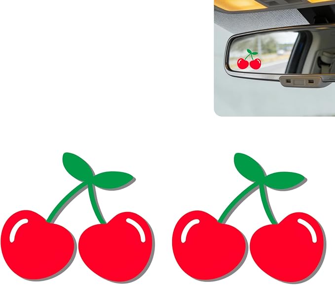 2Pcs Cherry Rear View Mirror Sticker Waterproof Vinyl Car Window Decal | Cherries Car Accessories, Cute "Moo-tivational" Auto Decals Decor, Cherry Gifts for Women Men Fruit Lovers