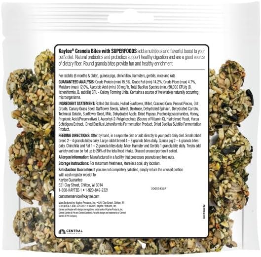 Kaytee Granola Bites with Superfoods Spinach and Carrot for Rats, Mice, Hamsters, Gerbils, Rabbits, Guinea Pigs and Chinchillas, 4.5oz