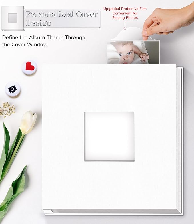 Photo Album Self Adhesive Scrapbook Album for 3x5 4x6 5x7 8x10 Pictures,40 Pages Linen Cover with Display Window DIY Photo Book,Ideal Gifts for Family Travel Wedding Baby