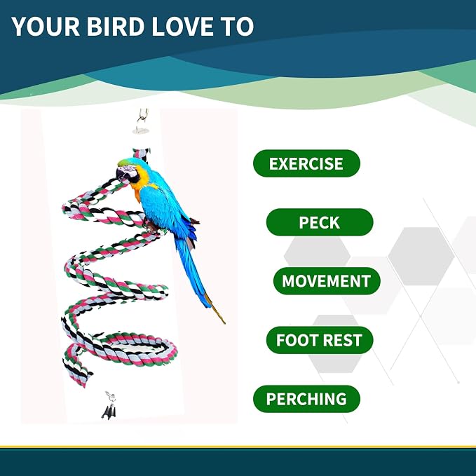 65inch Cotton Bendable Rope(Plus 1 Set 3 Steel Bells) Perch Swing Bird Chew Toys Amazon Parrots Cage Toys with Bell Swing Climbing Standing Bungee Bird Toys for Large to Regular Size Birds